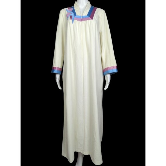 Vintage Vanity Fair Petites Womens Large 14 16 Ivory Housecoat Dress Floral Trim - Picture 3 of 11